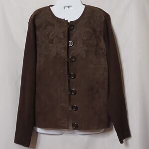 Escapade  Brown Suede Button Front Jacket With Embroidery. Size L